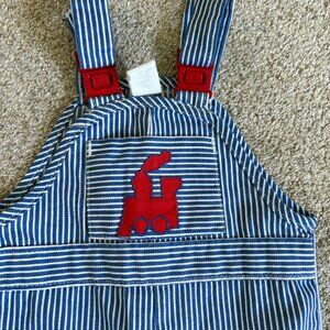 Vintage striped Overalls with train detail Sears Size L -- approx 2-3T